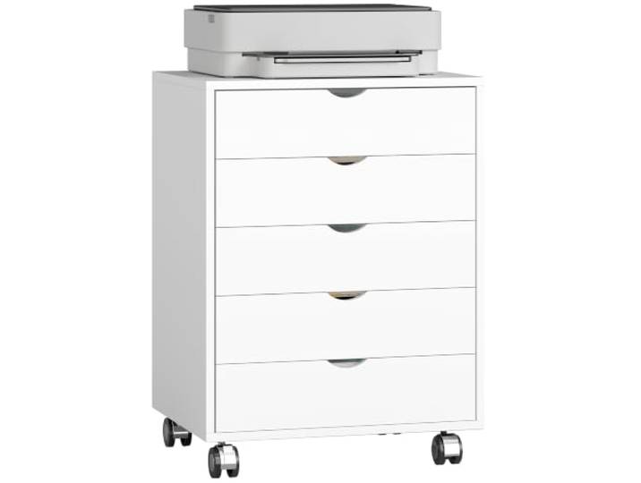 HOMCOM Caisson Bureau Mobile avec 5 Tiroirs A3/Lettre/A4 50x40x67\,5cm Blanc Meuble Rangement Bureau sur Roulettes\, pour Imprimante\, Caisson de Rangement pour Travail ou Chambre