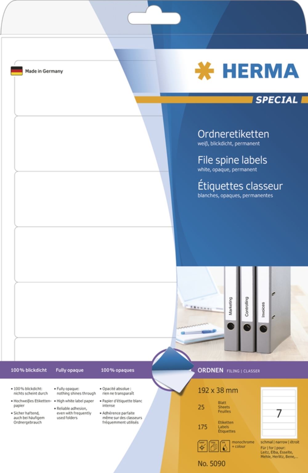 Herma 5090 blickdicht Ordneretiketten 19.2x3.8 cm (25 Blatt (175 Etiketten))