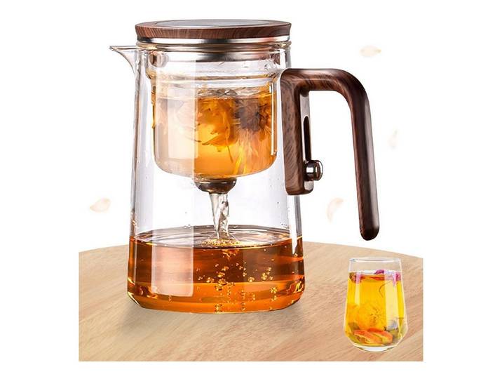 LuxusKollektion Teekanne Teekanne Glas 800ml Wassertrennung Holzoptik