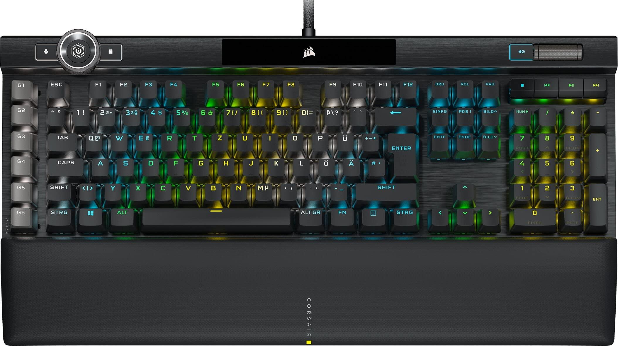 Corsair K100 RGB Optical-Mechanical Gaming, Kabelgebunden, USB, Optomechanischer Schlüsselschalter, QWERTZ, RGB-LED, Schwarz