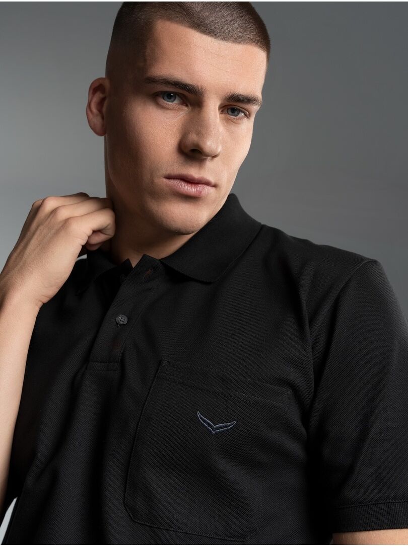 Poloshirt TRIGEMA "TRIGEMA Polohemd mit Brusttasche", Herren, Gr. XL, schwarz, Piqué, 100% Baumwolle, Basic, normal, ohne Ausschnitt, Shirts Poloshirt