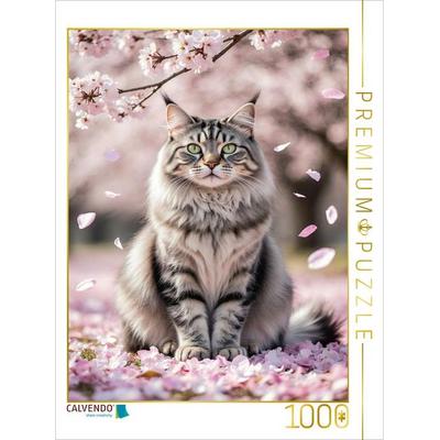 CALVENDO Puzzle Eine Maine Coon Katze sitzt zwischen Kirschblüten und strahlt Ruhe und Anmut im Frühling aus. | 1000 Teile Lege-Größe 64x48cm Foto-Puz