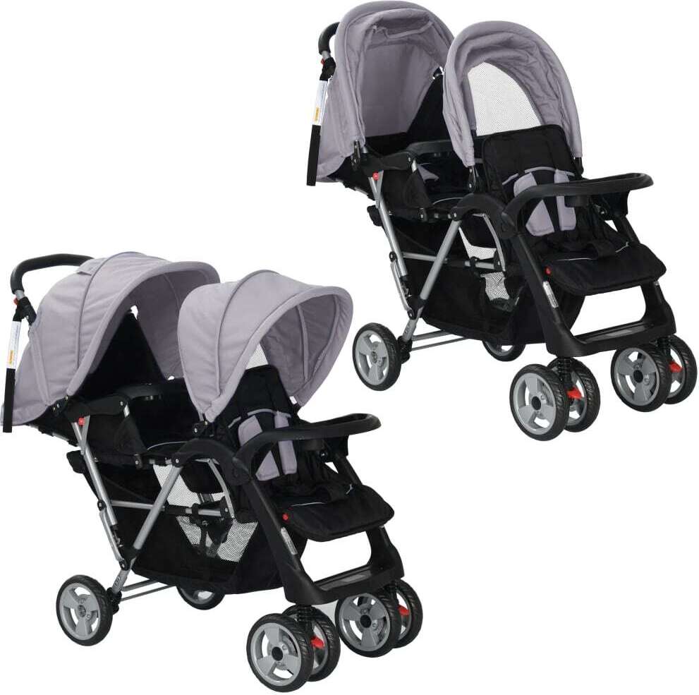 Tandem-Kinderwagen Stahl Grau und Schwarz