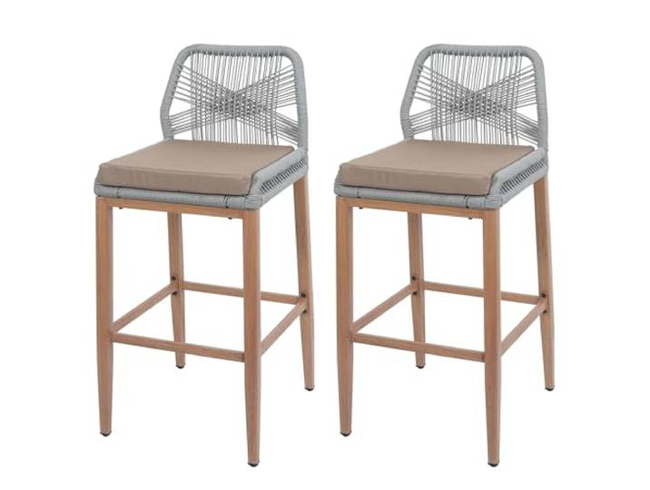 Mendler 2er-Set Barhocker HWC-O21 Holz-Optik - hellgrau, Kissen Taupe Outdoor, Sitzpolster, Rope-Barhocker, Seilgeflecht, Metall in Holz-Optik