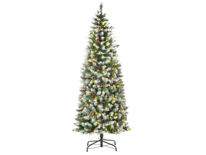 Homcom Weihnachtsbaum 1,8 m Christbaum 618Zweige mit LED-Lichter Beeren PVC Grün+Weiß, Mehrfarbig, Kunststoff, 180 cm, Dekoration, Weihnachtsdekoration, Christbaum & Zubehör