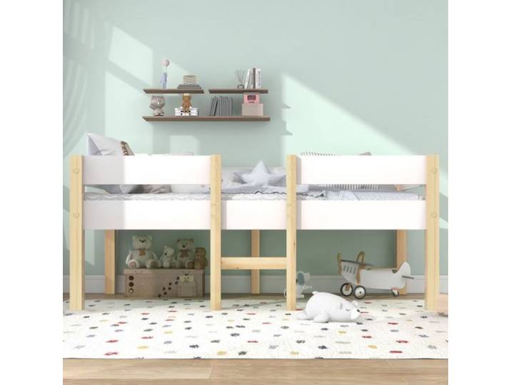 Lit Enfant - PDZZZD - Lit maison mi-hauteur - Bois massif - 90x200 cm - Naturel et Blanc