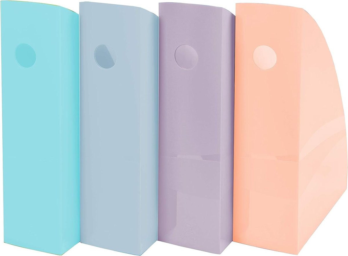 Set van 4 tijdschriftenhouders in gesorteerde pastelkleuren voor bureauorganisatie