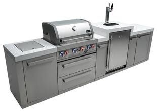 "Mont Alpi Premium 130""W x 23""D Stainless Steel Outdoor Kitchen Island + 3-tap Kegerator Refrigerator + 32""W 4-Burner BBQ Grill"