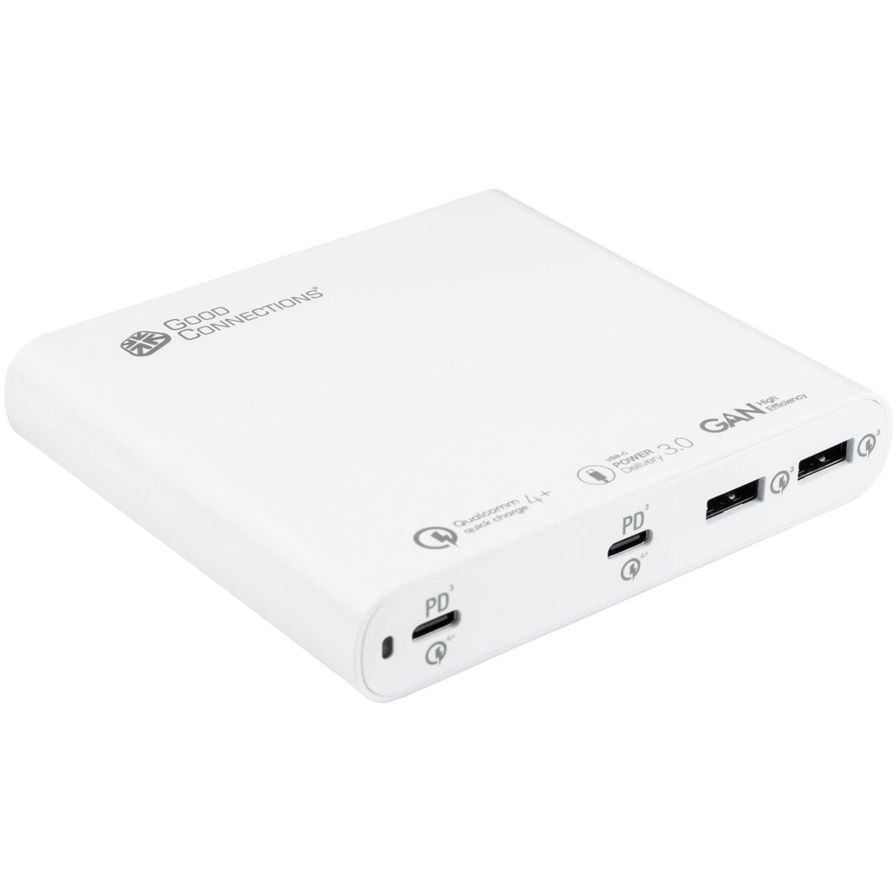 Good Connections USB-Desktop-Schnellladestation 120W mit GaN-Technologie, 4-Port (2x USB-CÖ und 2x USB-A), PD 3.0, QC