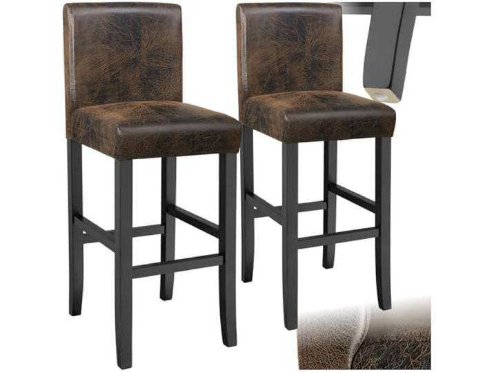 tectake® 2er Set Barhocker, Bistrohocker, Tresenhocker, Barhocker mit Lehne, gepolsterter Barstuhl, Bistrostuhl mit Fußstütze, Holz und Kunstleder, Stuhlbeine aus Massivholz, 107 cm hoch - antikbraun