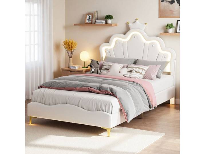 Lit princesse couronne 140 x 190 - Cuir PU imperméable - Blanc - Lit adulte 140 x 190 avec bande lumineuse LED réglable