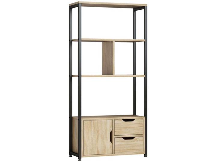 Bibliothèque étagère style industriel CASTELO noir et aspect bois clair