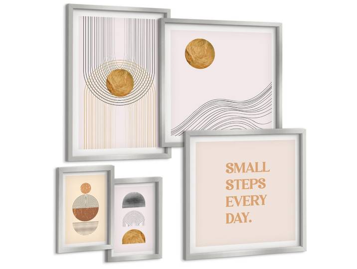 BILDER SET 5er Set - 50x50 cm & 20x30 cm & 40x60 cm Silberner Rahmen - Herbstfarben Seerosenteich