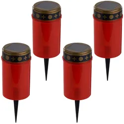 4er-Set Solar LED-Grabkerze Rot - Sicheres Grablicht mit Erdspiess - Umweltfreundlich, flackernd - Ø 7x20cm, 1x AAA Batterie - Gedenken ohne Brandgefahr