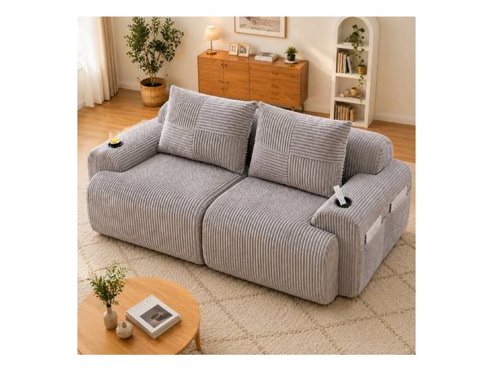 MIBODE Ecksofa Cordsofa 2-Sitzer Modular Getränkehalter Hellgrau