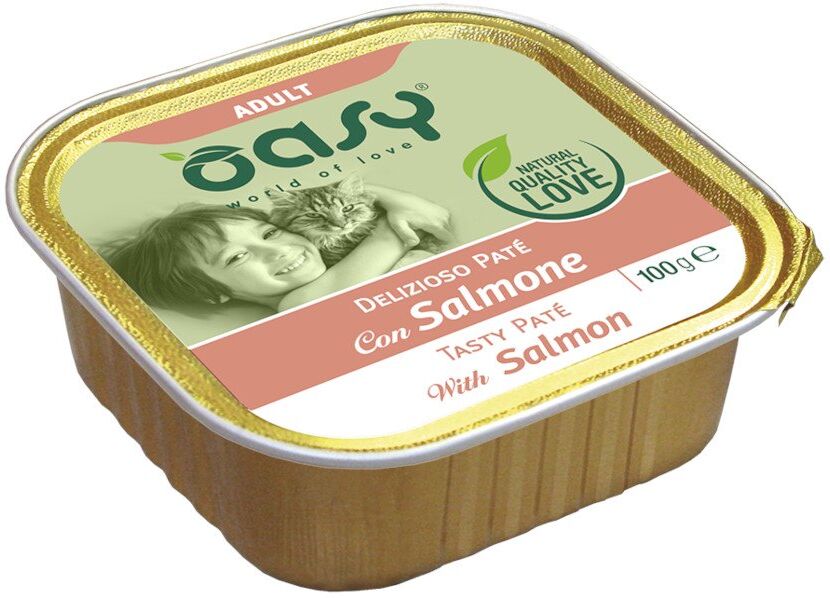 100 gr Oasy Alimento Completo Cibo Umido Delizioso Patè Adult per Gatti Adulti Ricco di Salmone in Vaschetta Grain e Gluten Free