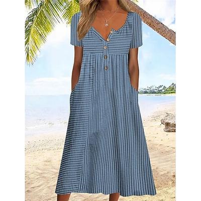 Damen Midikleid V-Ausschnitt Blumendruck Kurzarm A-Linie Komfort Blau Strand Party Frühling Sommer Mode Kleidung