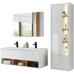 BADMÖBEL-SET weiß Hochglanz, Eiche mit Doppelwaschbecken und LED Beleuchtung 175 cm