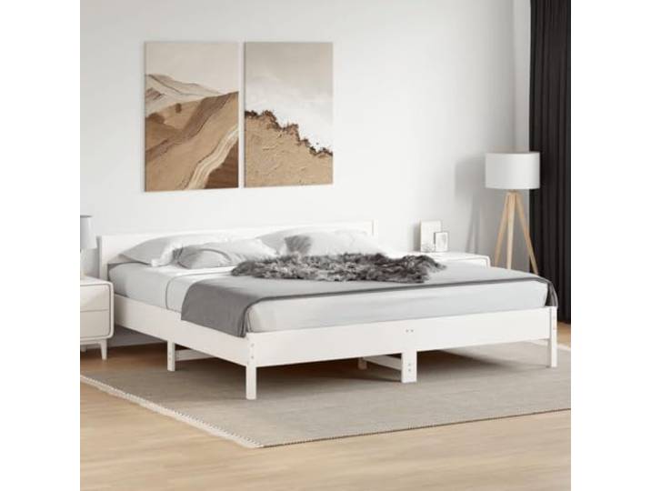 RJPLMFV Bettgestell, Weiß, 200 x 200 cm, Massivholz, Kiefer Ohne Matratze, Integriertes Kopfteil, Lattenrost, Rustikales Design, Schlafzimmer