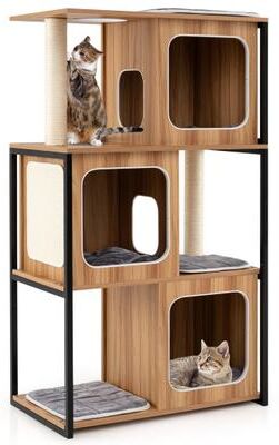 Costway Modern Cat Tree Cat House with Metal Frame and Scratching Posts-Natural