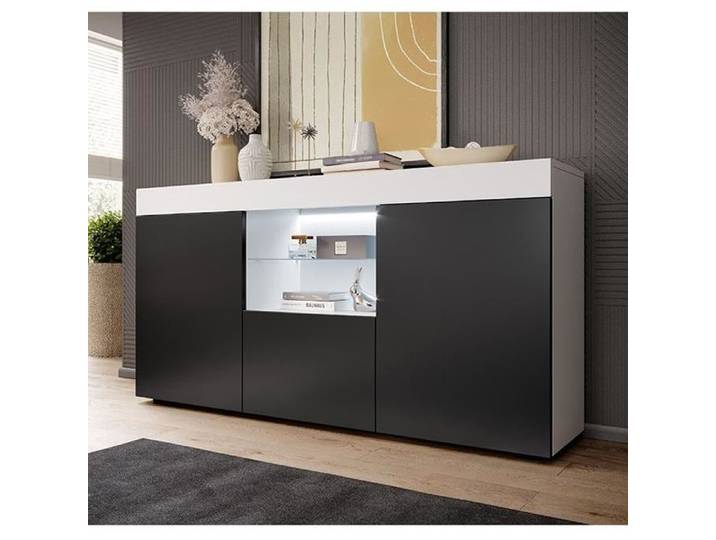 Design Ameublement - Buffet Bahut SEFORA LED - 3 portes - Blanc et Noir Mat - 135x72x34cm