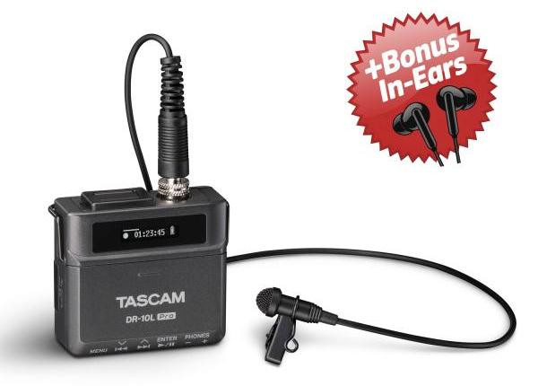 Tascam DR-10L Pro recorder met clip-on microfoon en in-ear hoofdtelefoon