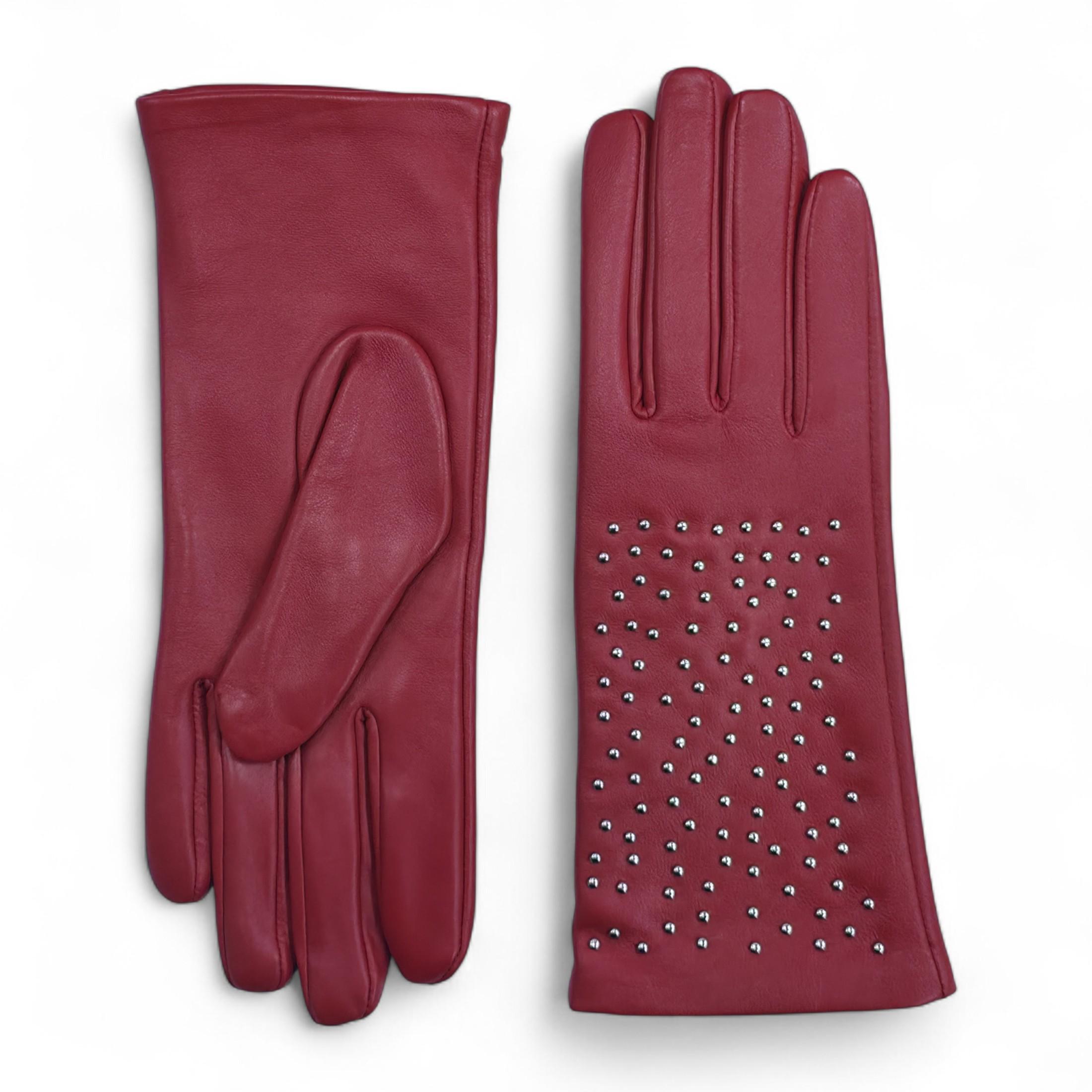 Dames rode Italiaanse leren zachte wollen voering winterhandschoenen met studs