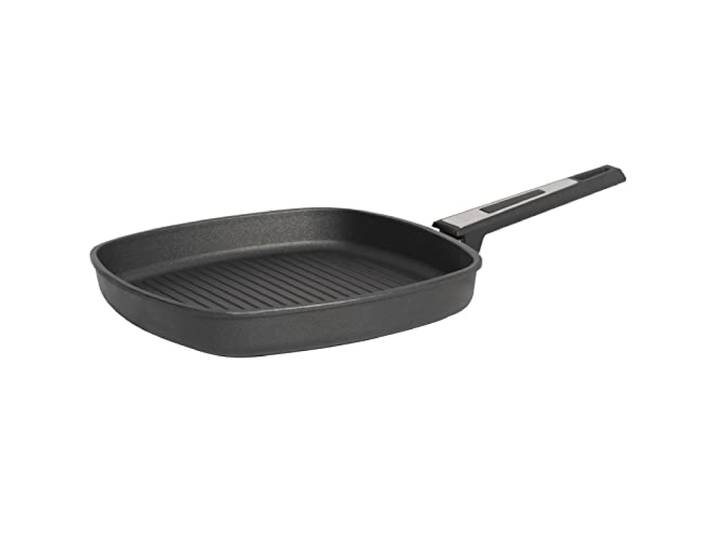 SKK große Aluguss Grillpfanne 28x28 cm - ohne Induktion - flache viereckige Antihaft Steakpfanne gerippter Pfannenboden - Made in Germany