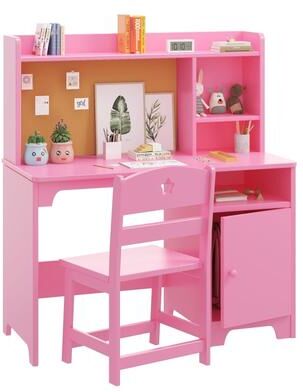 Garvee Kids Study Desk and Chair Set, Wooden Student Writing Desk with Hutch and Storage Cabinet, Ergonomic Children Study Table
