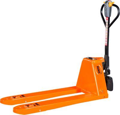 Schefer Elektrohubwagen EHW 15, bis 1500 kg, Hubbereich 82-197 mm, 48 V/10 Ah, L 1552 x B 550 x H 1276 mm, orange/schwarz