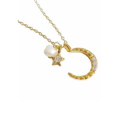 Kette mit Anhänger FIRETTI "Schmuck Geschenk, Mond & Stern", gelb (gelbgoldfarben, kristallweiß, weiß), Halsketten, Damen, Perlen Silber 925 (Sterlingsilber), L: 44 B: 2mm, Perlen, Silber 925 (Sterlingsilber), Made in Germany - mit Kristallstein...