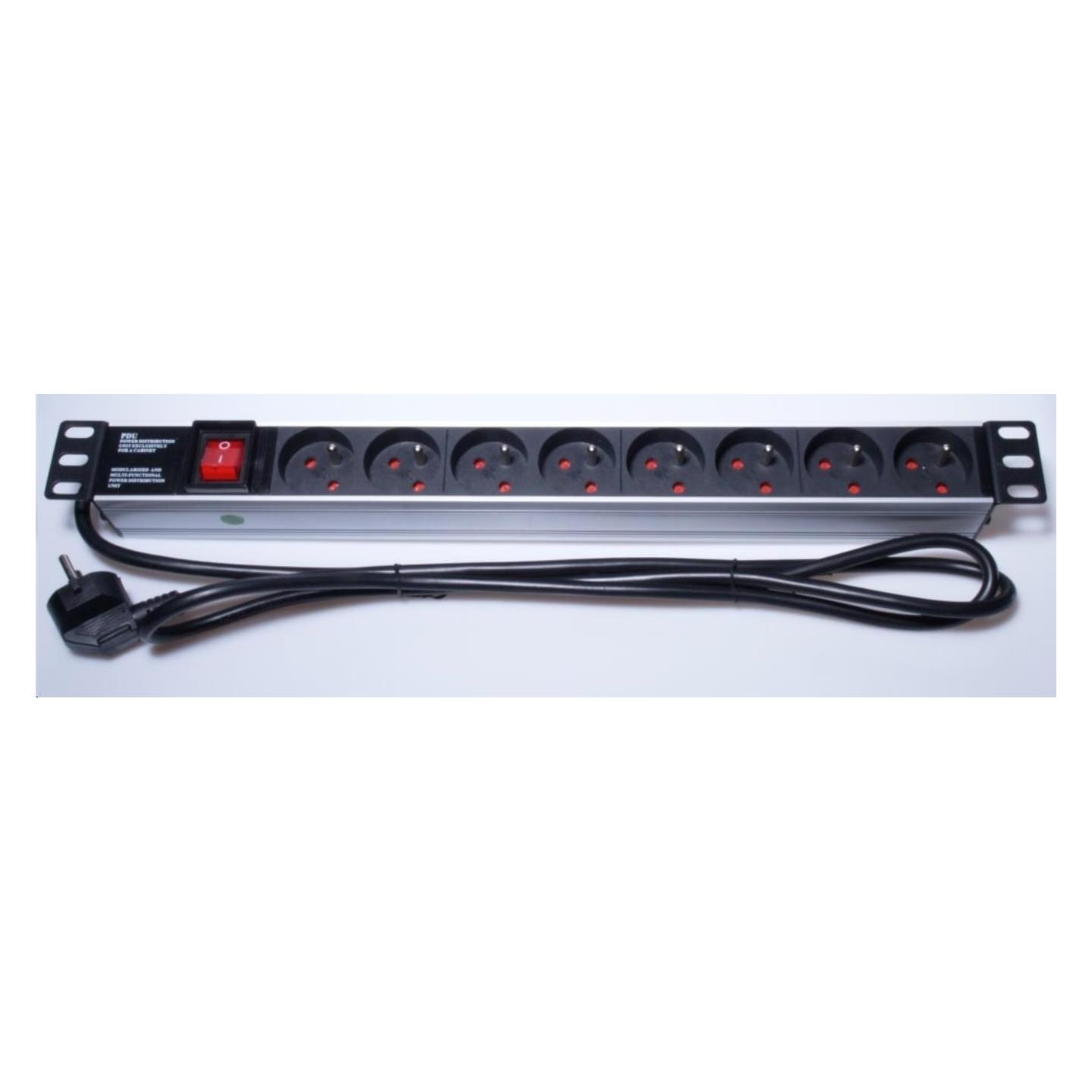 PremiumCord Kabelanschluss Power Panel 1U für 19"-Rack, 8x230V, Überspannungsschutz, 2m Kabel, Schalter (PDU-F10G08S/SURGE)