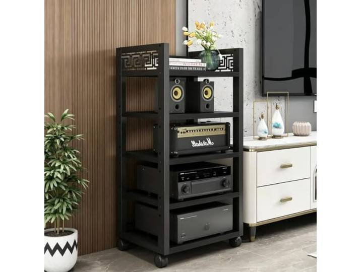 Mehrstufiger AV-Medienschrank, fahrbares Stereo-Regal für Audioanlagen 4-stufig verstellbare Böden, stabiler Holz-Metall-Aufbau, leichtlaufende Rollen(Black,19.7x15.7x42.5in)