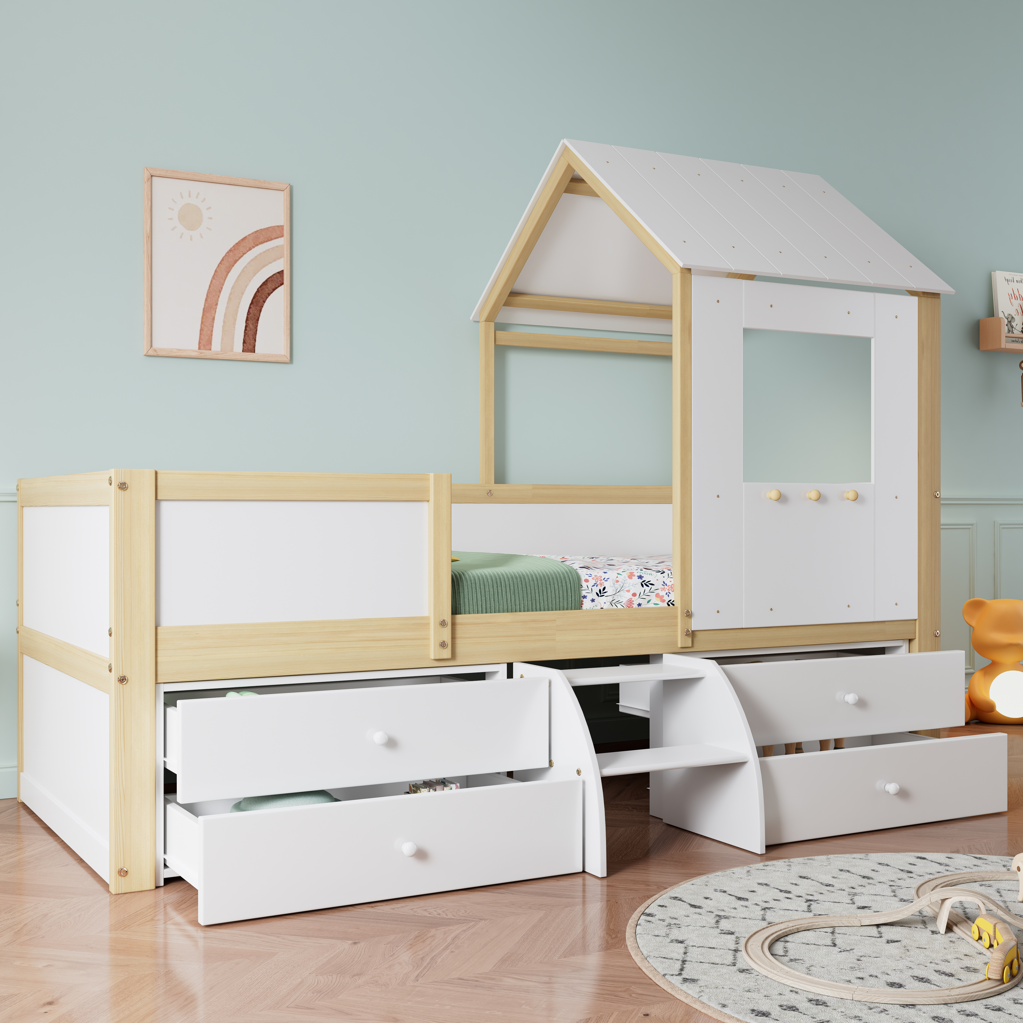 okwish Kinderbett 90x200 Jugendbett mit Matratze und Vierseitiger Zaun, Hausbett mit kleine Treppe,Massivholzbett Kinderbett Bettgestell mit Fenster und Dach,Weiß+Natur