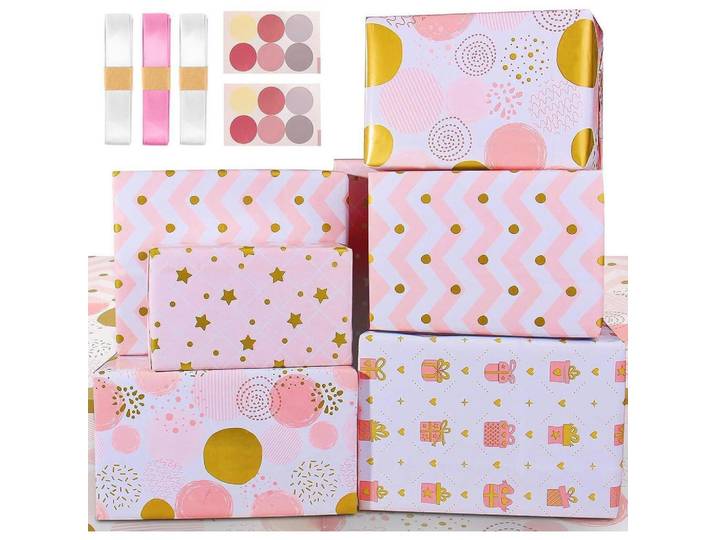 Geschenkpapier Set 6-teilig mit Bändern und Aufklebern Rosa/Gold, Mehrfarbig, Papier, 22x0.5x25 cm, Dekoration, Geschenkartikel, Geschenkbänder & Geschenkpapier