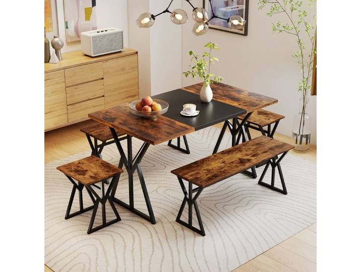 Table de Salle à Manger avec 2 Tabourets et 2 Bancs - RELAX4LIFE - Design Géométrique - Table de Cuisine 4-6 Personnes - Industriel