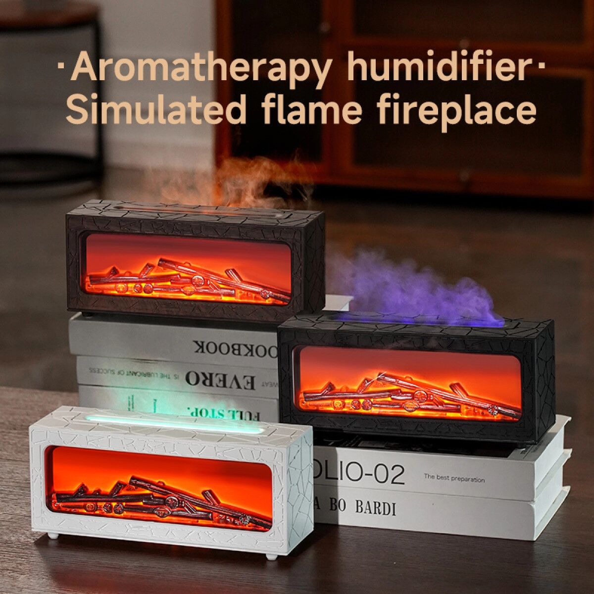 INF Luftbefeuchter mit Flammeneffekt, Aromadiffusor, farbigem Ambientelicht und 3 Nebelstufen Weiß