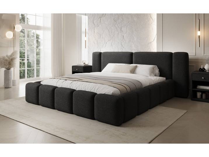 Designer Polsterbett Bianca in Teddy Bouclé mit Stauraum - 120x200 - Schwarz - Luxusbetten24