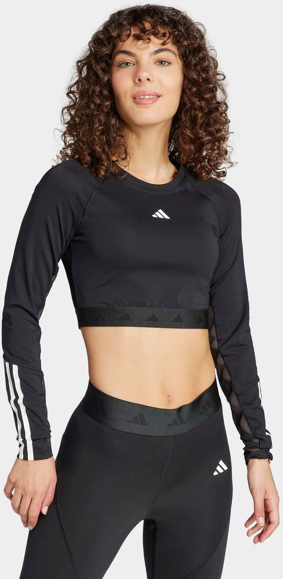 Funktionsshirt ADIDAS PERFORMANCE "HYPERGLAM TRAINING CROPPED LONGSLEEVE", Damen, Gr. XL, schwarz-weiss (schwarz, weiß), Obermaterial: 83% Polyester, 17% Elasthan, gestreift, Rundhals, Shirts Funktionsshirt schwarz, weiß XL
