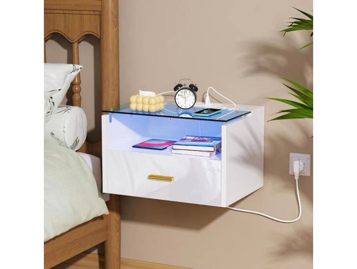 OHMG-Deux Tables De Chevet-Avec Verre Trempé-Table De Chevet Murale-Avec Prise+Bande Lumineuse-Pour Salon Et Chambre-Blanc