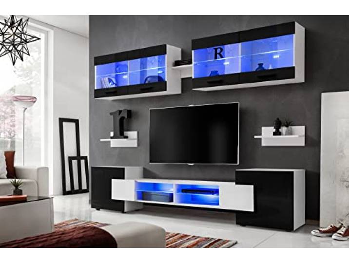 Komodee Wohnwand TV Foggia A1 Schwarz/Weiß 230x195x35 cm Wohnwand RTV Foggia, Front in Schwarz Karkasse in Weiß Matt, Breite 230cm x Höhe 195cm x Tiefe 35cm, LED Blau
