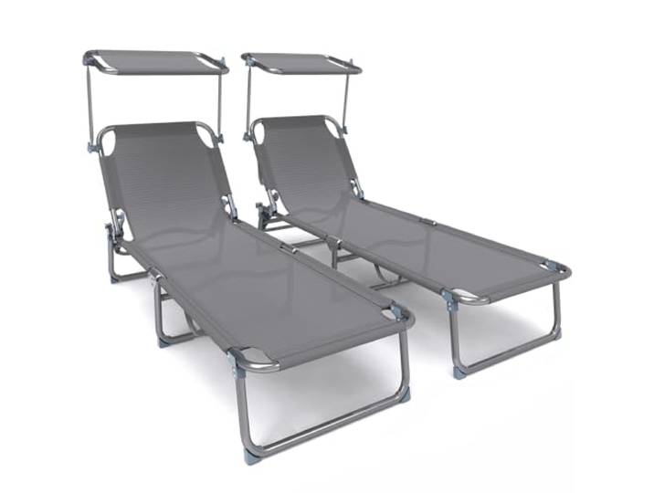 vounot® Lot de 2 Chaise Longue Bain de Soleil avec Pare Soleil Transat Pliable en Textilène avec Parasol Bain De Soleil inclinable en Textilène avec Charge Max 110KG Chaise Longue réglable Gris