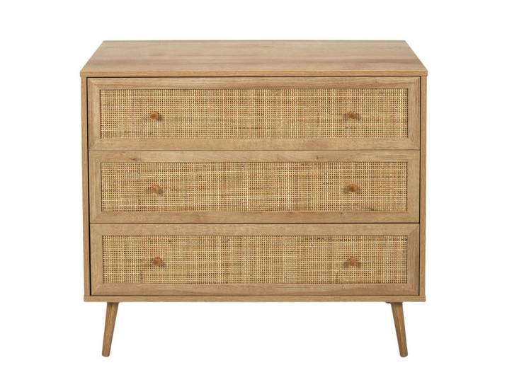 Commode 3 tiroirs effet bois et façades rotin
