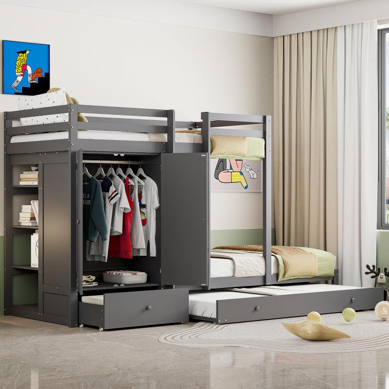 Kinderbett - Etagenbett - Hochbett - Massivholz - 90x200 cm - Mit Kleiderschrank und ausklappbarem Gästebett