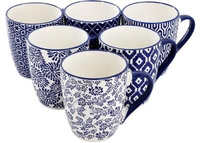 Elama Declan 6 Piece 12 Ounce Assorted Design Stoneware Mug Set in Blue and White