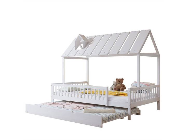 Sweiko Kinderbett Hausbett Hochbett Gästebett Etagenbett (Jugendbett, mit 3-seitigem Gitter,mit Rollbett,Dach mit Kaminleiste, 120x200/190cm,Kiefer+MDF), Weiß,ohne Matratze
