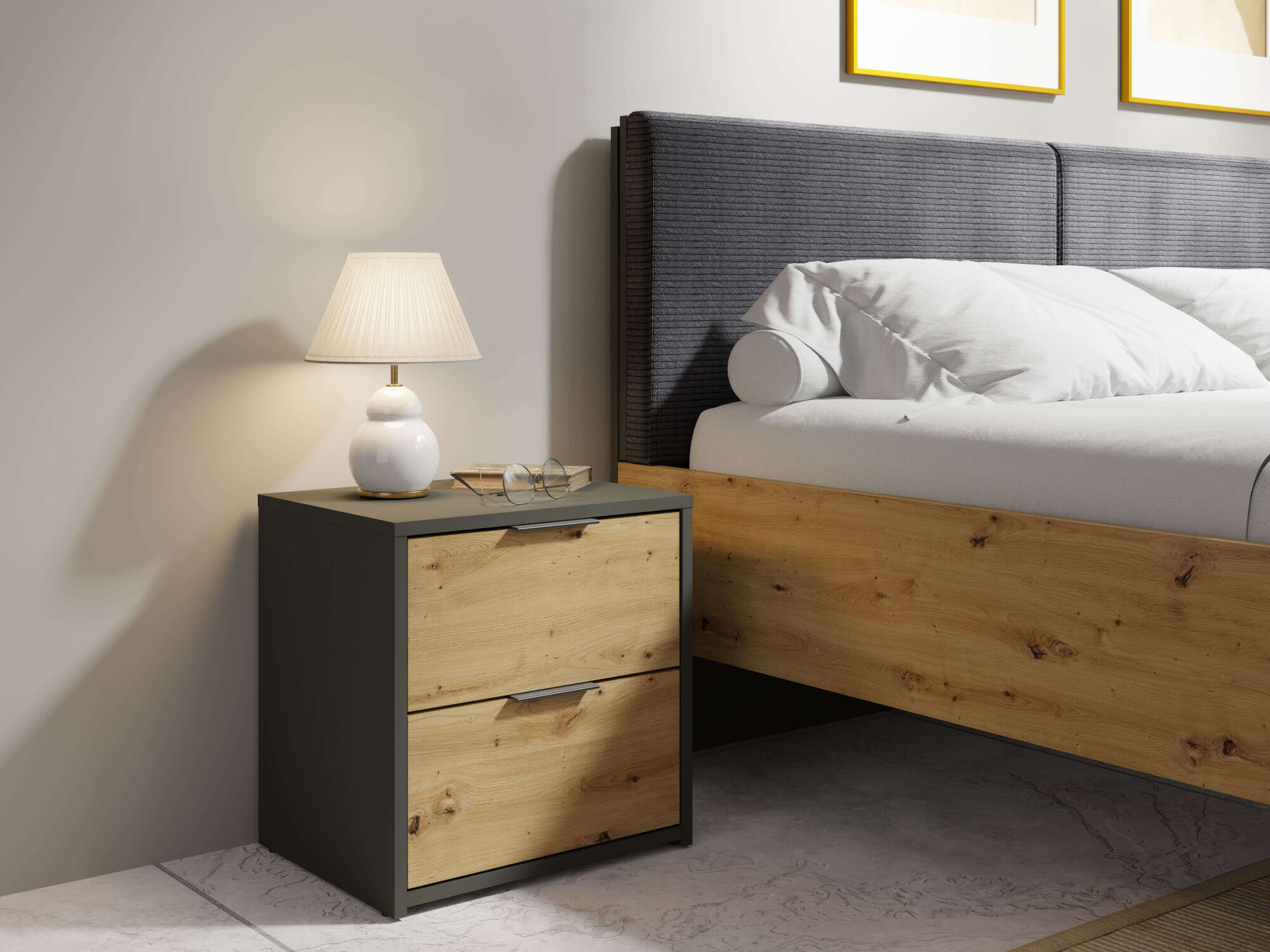 Nachtkonsole HOME AFFAIRE "Nachttische Loreto (2 Stücke), Masse: B/T/H 44/35/46 cm", grau (dunkelgrau, natur), B:44cm H:45,9cm T:35cm, Sideboards, Nachtkonsole, Nachttische (SET) mit 2 Schubladen und dezenten, metallischen Griffen dunkelgrau, natur B/H/T: