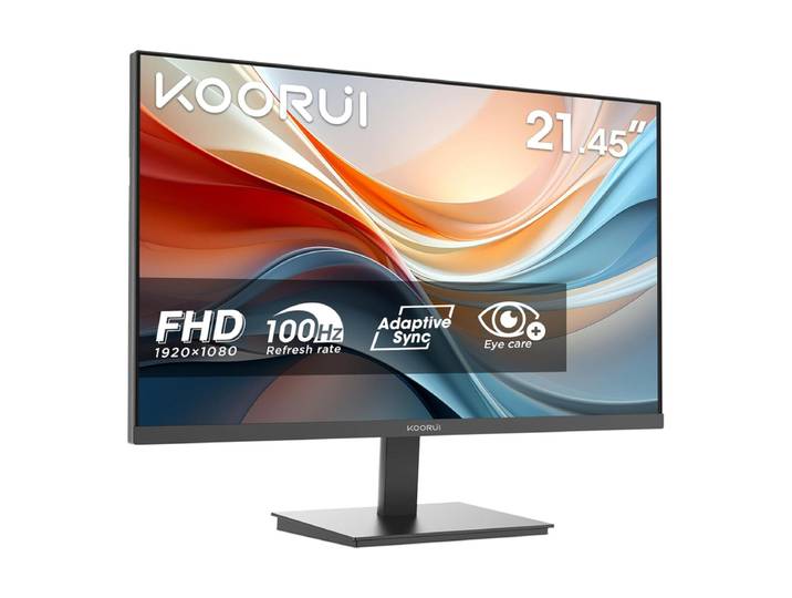 KOORUI E2212F Moniteur d'ordinateur FHD 21,45 pouces, Moniteur de bureau 1920×1080 panneau VA 100 Hz Adaptive-Sync, 99 % sRGB, Contraste statique 3000:1, TÜV faible lumière bleue &amp; sans scintillement, Ports HDMI VGA