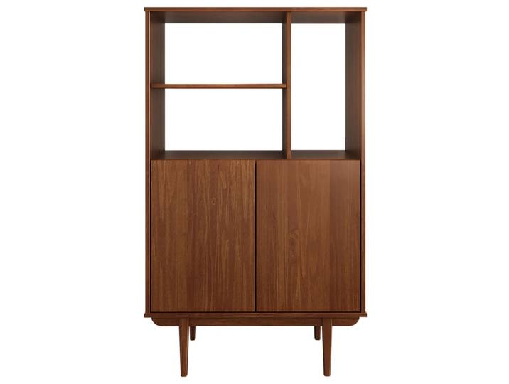 Buffet haut en bois massif 2 portes et étagères, coloris châtaignier