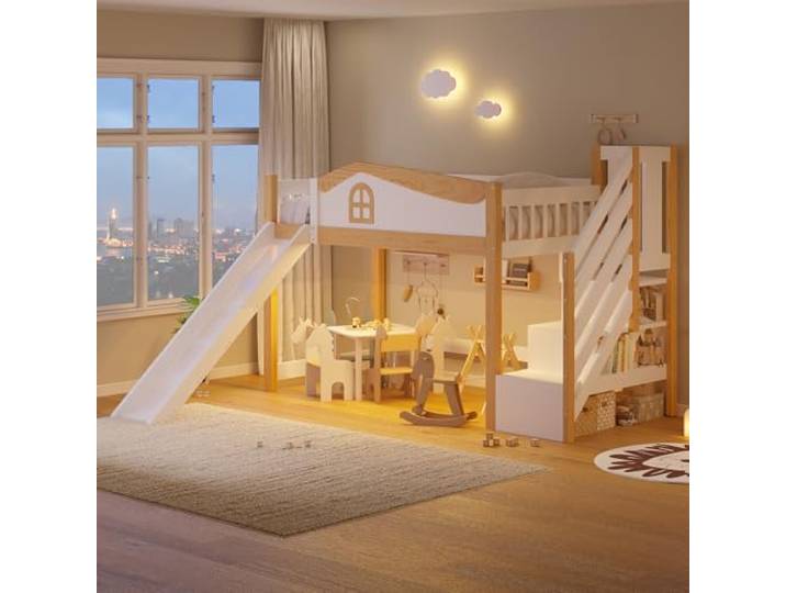 BTM Halbhohes Bett 90x200 Holz Hochbett mit Rutsche, Stauraum Treppe Kinderhochbett mit Rausfallschutz, Weiß + Natur